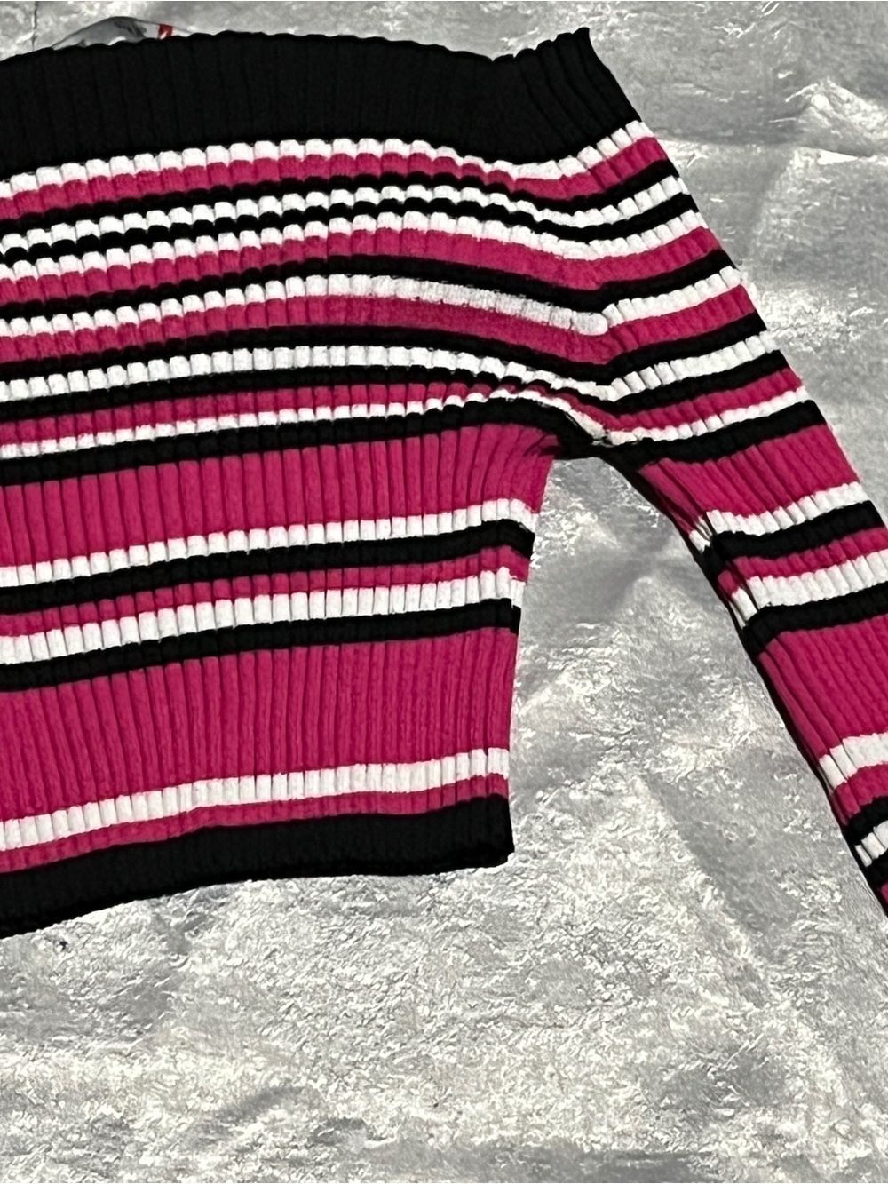Roma Striped Off-Shoulder Cropped Sweater in Magenta, Black and White - Picture 4 of 4